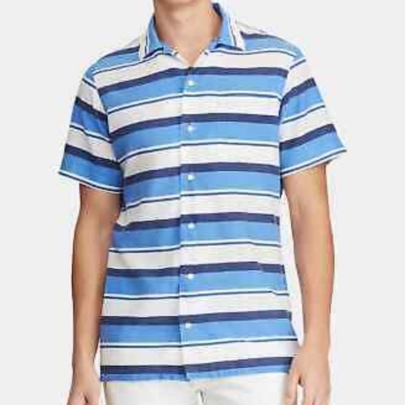 Polo Ralph Lauren Linen Newport Stripe Short Sleeve Shirt Blue White Men’s Large - Picture 2 of 10
